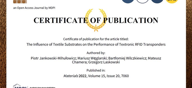 Certyfikat publikacji MDPI Materials